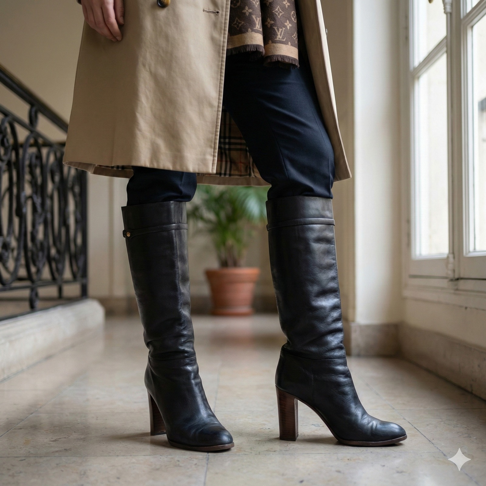 Louis Vuitton Black Leather Knee High Boots Womens 37.5 7.5 Wood Stacked Heel